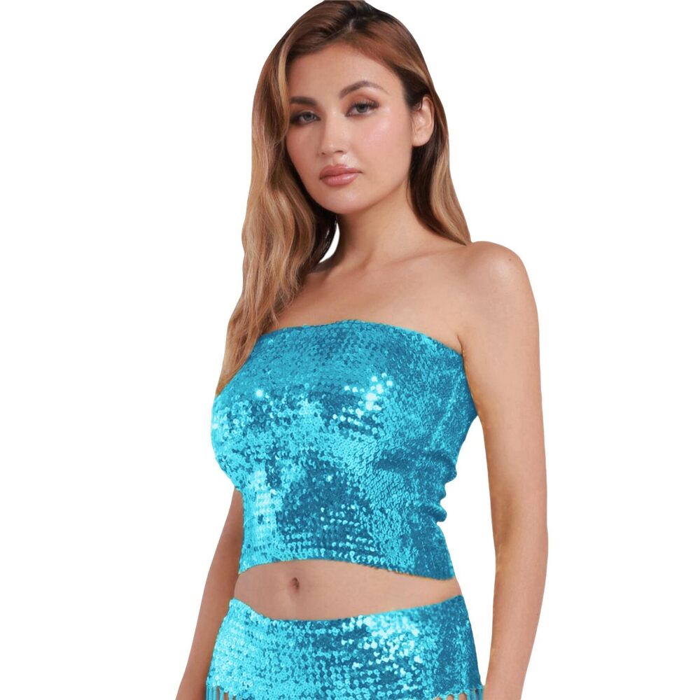 7912 Girls Shiny Sequin Tube Top Sexy Strapless Stretchy Crop Vest Chest